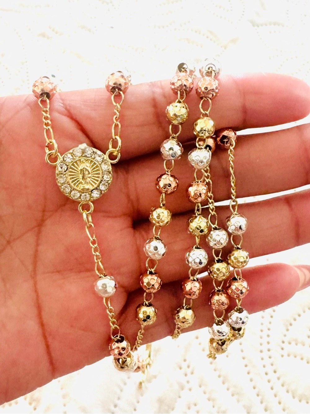 14K Gold Plated Tri-Tone Gold 24” Rosary necklaces with Crystal Virgin Mary. New